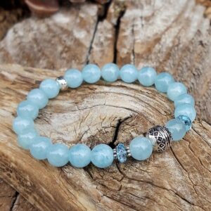 61 b25 Bracelet Aigue Marine et Topaze bleue avec perles Argent 925