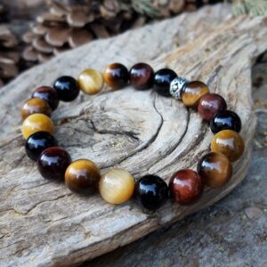 1544 04f Bracelet Oeil de Tigre OEil de taureau Oeil de tigre miel et Agate noire