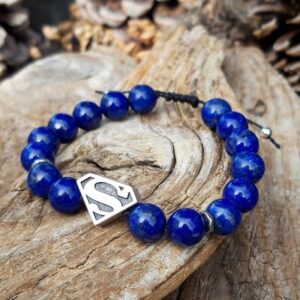 101 d33 Bracelet Lapis Lazuli avec perle Superman argentee