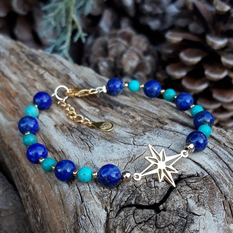 7 488 Bracelet Lapis lazuli et Turquoise naturelle avec une etoile polaire perles et fermoir en Vermeil