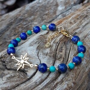 8 3c9 Bracelet Lapis lazuli et Turquoise naturelle avec une etoile polaire perles et fermoir en Vermeil