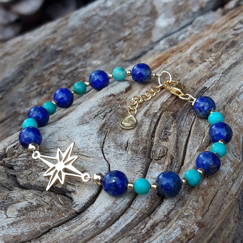 8 3c9 Bracelet Lapis lazuli et Turquoise naturelle avec une etoile polaire perles et fermoir en Vermeil