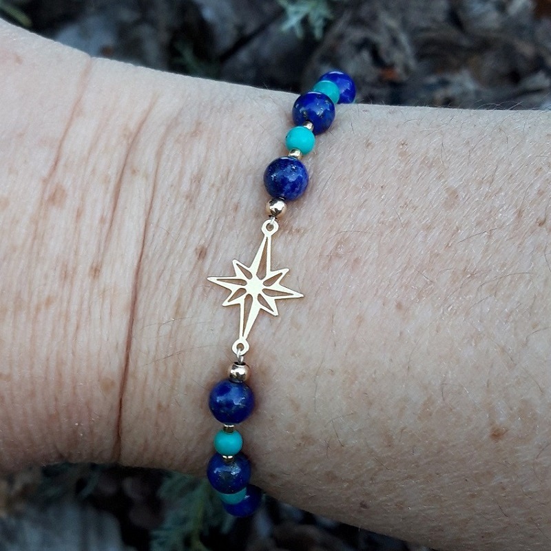 9 a78 Bracelet Lapis lazuli et Turquoise naturelle avec une etoile polaire perles et fermoir en Vermeil