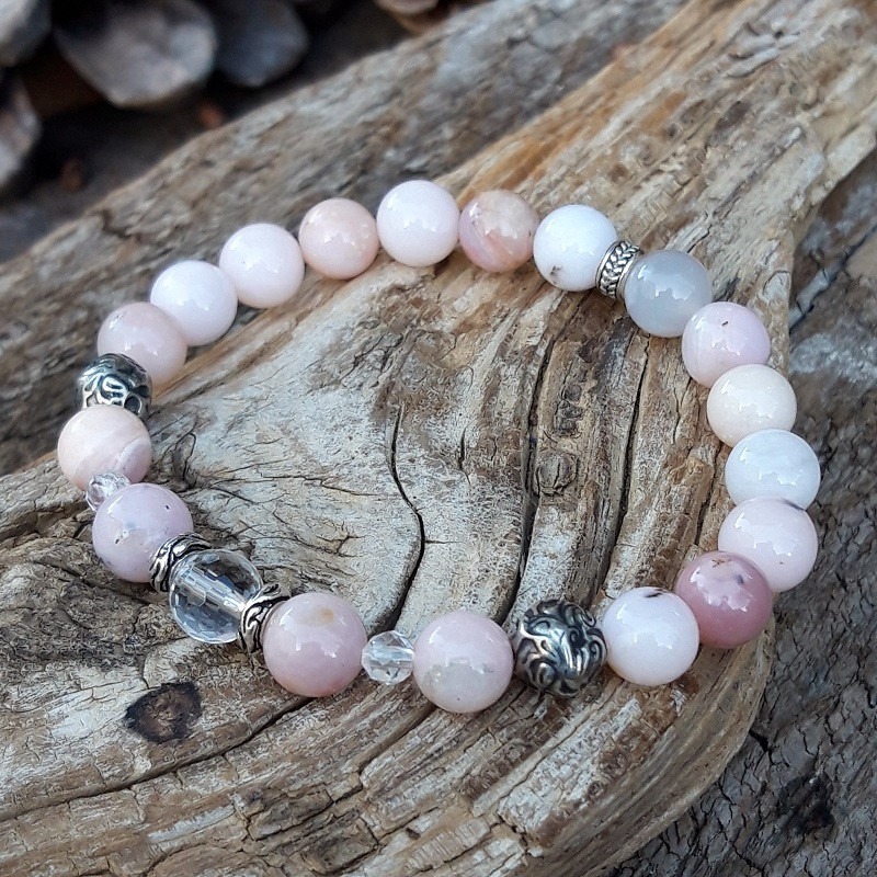 39 e72 Bracelet Opale rose Cristal de roche en metal argent
