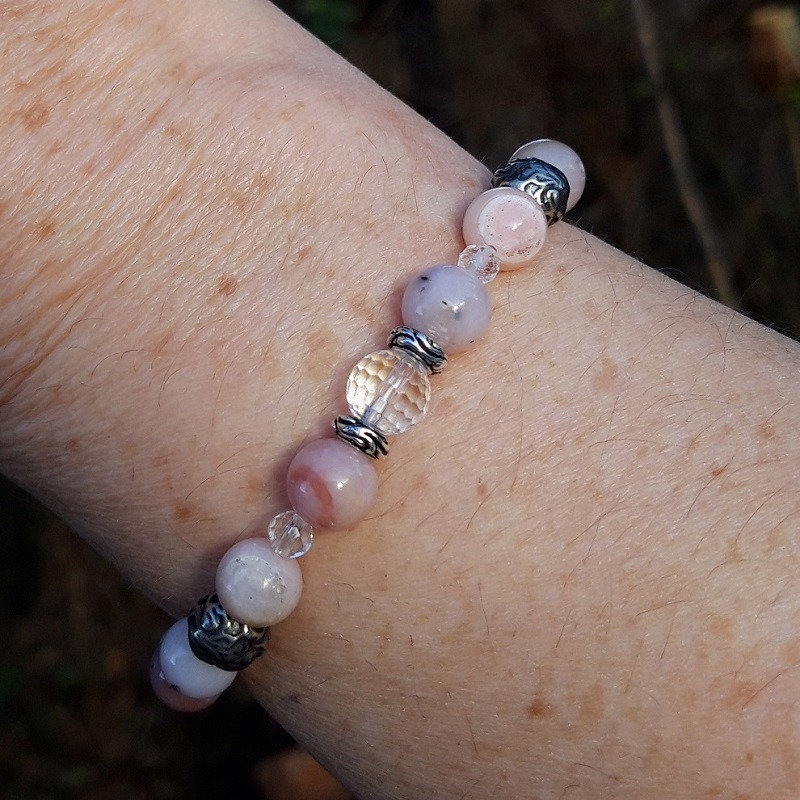 40 0aa Bracelet Opale rose Cristal de roche en metal argent
