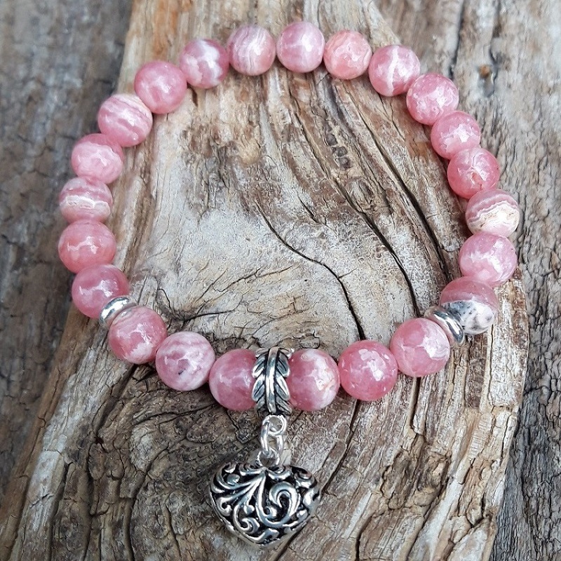 Bracelet Rhodochrosite avec une breloque coeur en Argent 925
