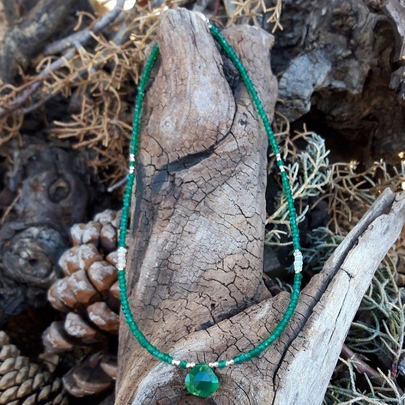 Collier Agate verte, Opale d'Ethiopie et perles en Argent 925