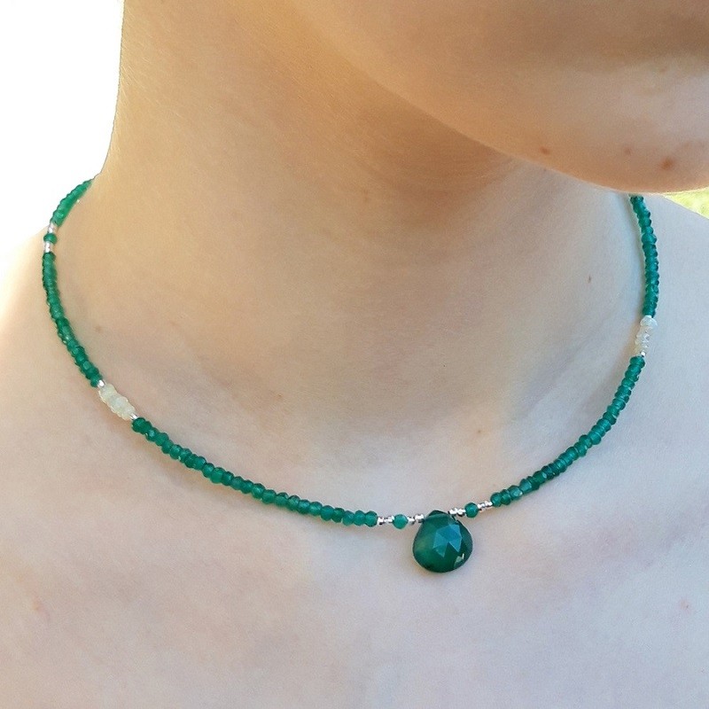 134 4e3 Collier Agate verte Opale dEthiopie et perles en Argent 925