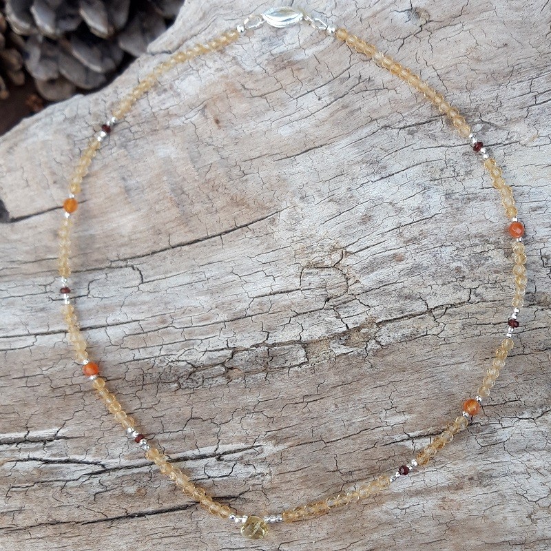 123 92a Collier Citrine naturelle Cornaline Grenat et perles Argent 925