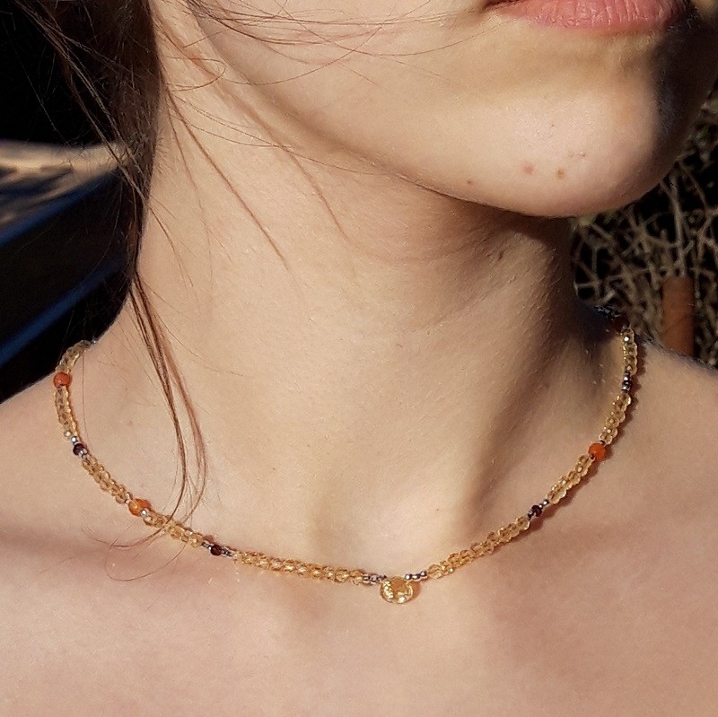 125 6ef Collier Citrine naturelle Cornaline Grenat et perles Argent 925