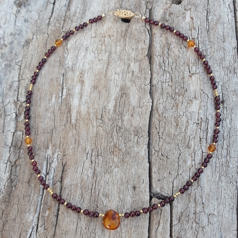 Collier Grenat et Ambre en Vermeil