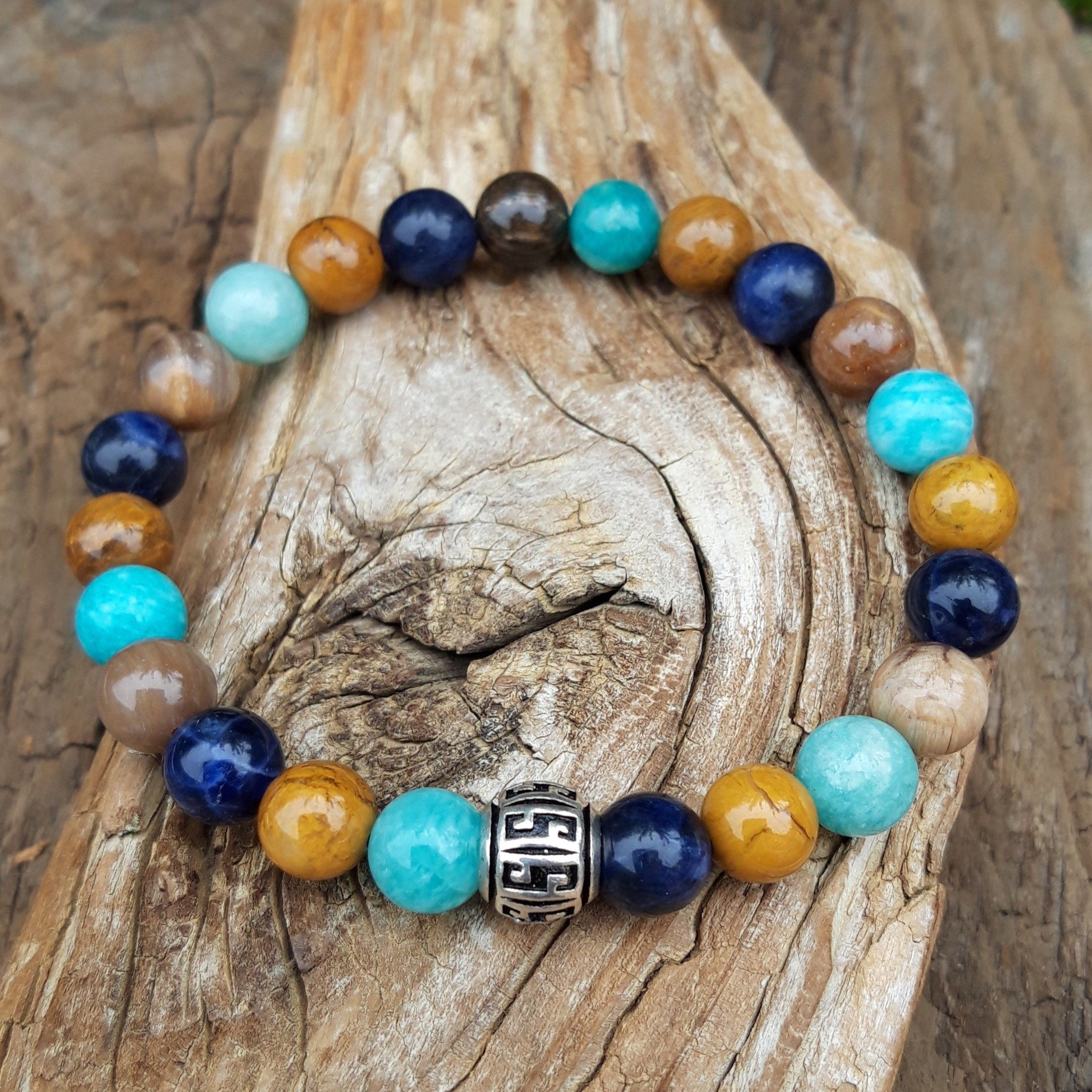 bracelet homme Amazonite, bois pétrifié, sodalite avec perle en Argent 925