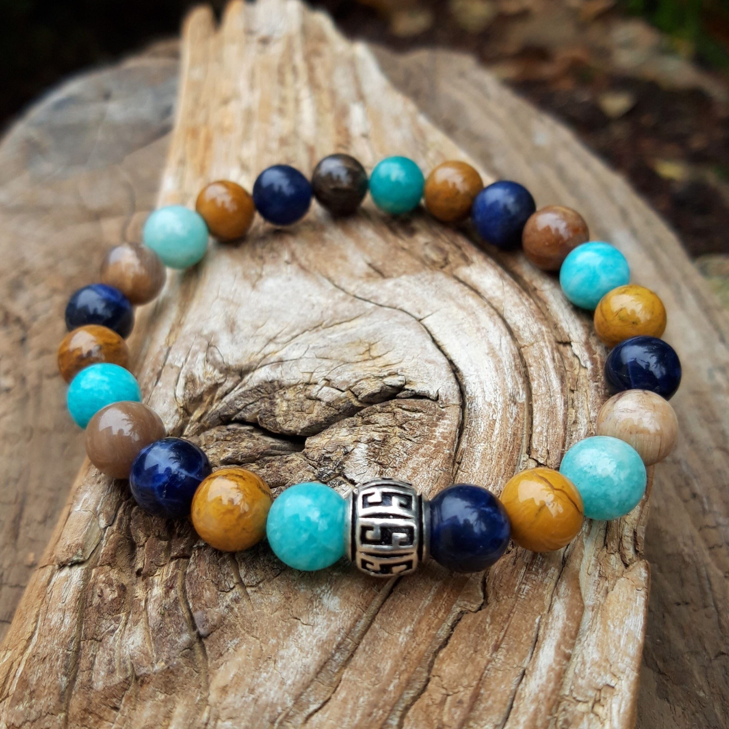 Bracelet Amazonite, Sodalite, Bois fossile avec perle Argent 925 – Image 3