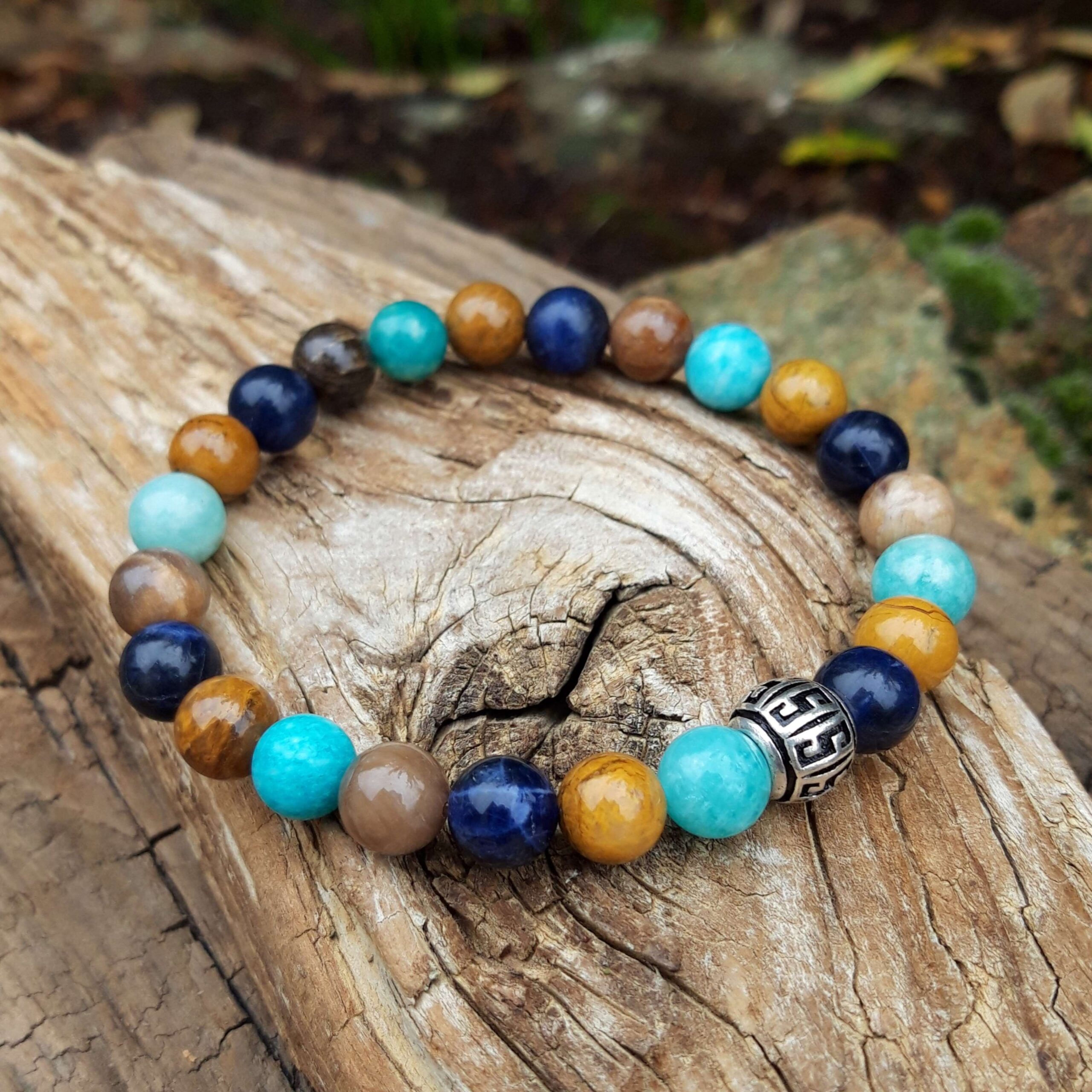 Bracelet Amazonite, Sodalite, Bois fossile avec perle Argent 925 – Image 4