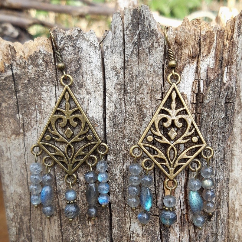 Boucles d'oreilles Labradorite en métal bronze