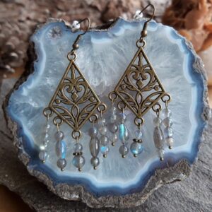 378 b17 Boucles doreilles Labradorite en metal bronze