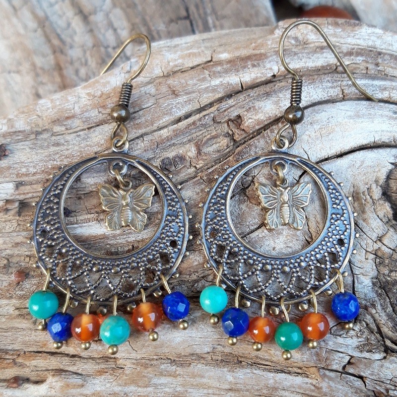 Boucles d'oreilles Lapis-lazuli, Turquoise et Cornaline en métal bronze