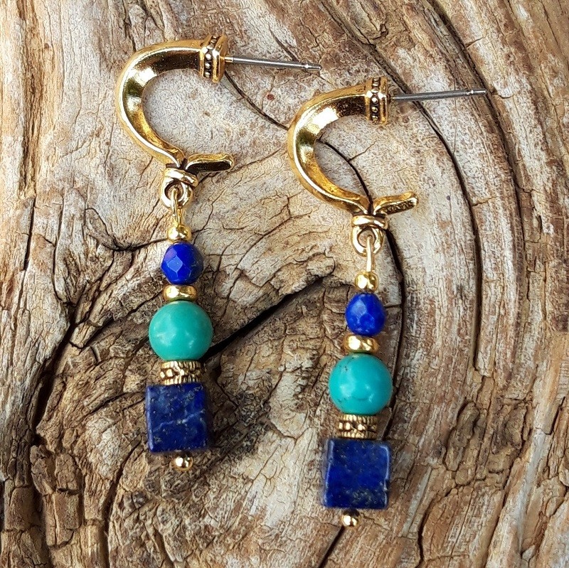 286 dfc Boucles doreilles Lapis Lazuli Turquoise et metal dore