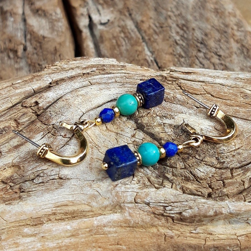 287 f5d Boucles doreilles Lapis Lazuli Turquoise et metal dore