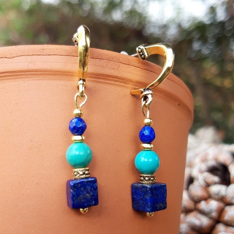 Boucles d'oreilles Lapis-Lazuli, Turquoise et métal doré