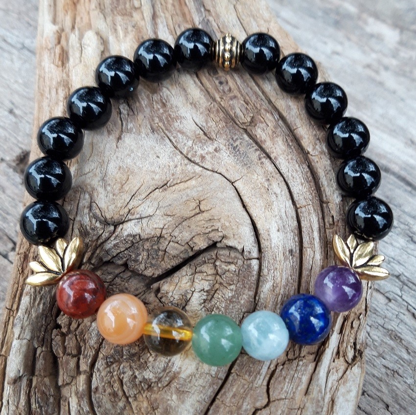 1007 e66 Bracelet 7 chakras Agate noire