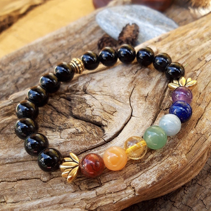 Bracelet 7 chakras Agate noire