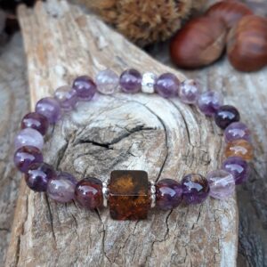 Bracelet Améthyste fantôme, Ambre et Argent 925