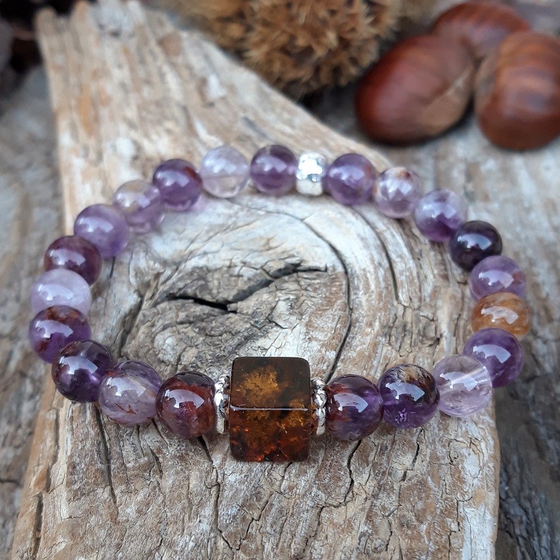 Bracelet Améthyste fantôme, Ambre et Argent 925
