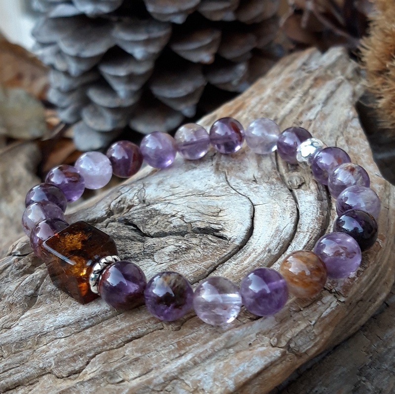 264 e38 Bracelet Amethyste fantome Ambre et Argent 925