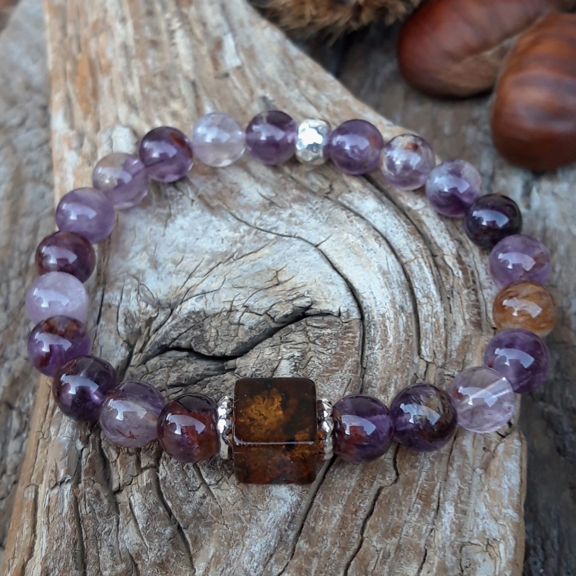 268 c04 Bracelet Amethyste fantome Ambre et Argent 925