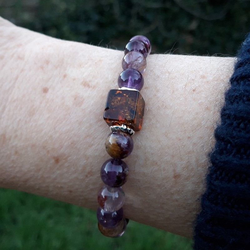 265 c99 Bracelet Amethyste fantome Ambre et Argent 925