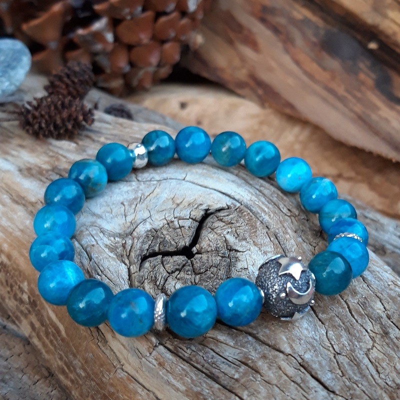 208 fea Bracelet Apatite bleue et perle en Argent 925