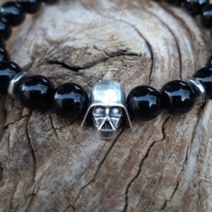 244 f62 Bracelet Spinelle noir avec perle Dark Vador argent