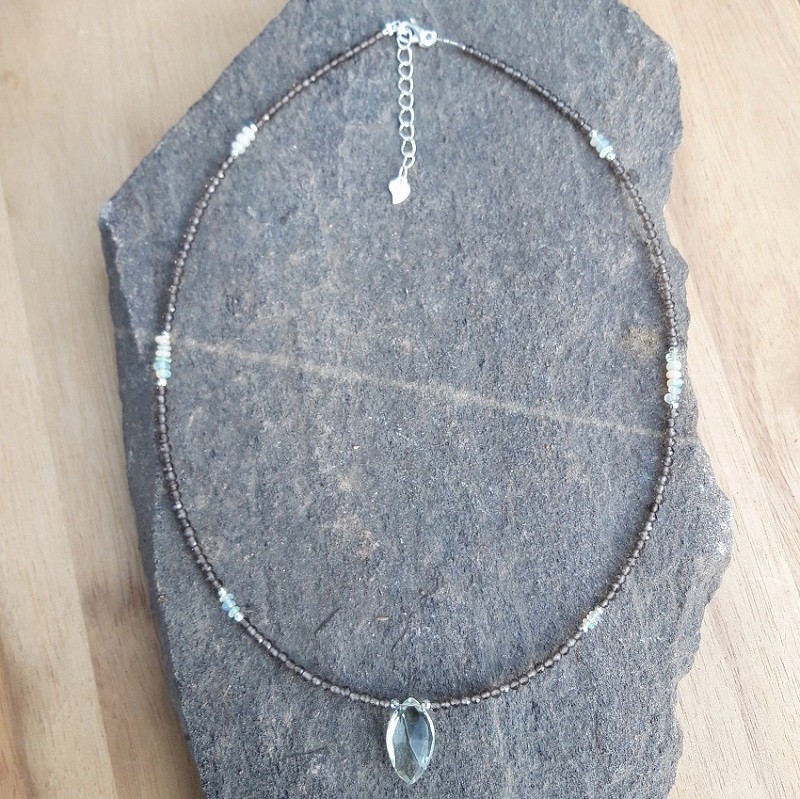 353 515 Collier Quartz fume Opale Welo Prasiolite et perles Argent 925