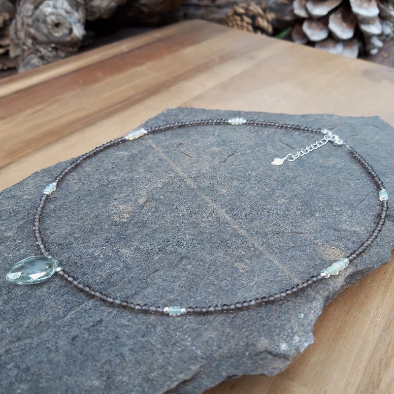 354 871 Collier Quartz fume Opale Welo Prasiolite et perles Argent 925