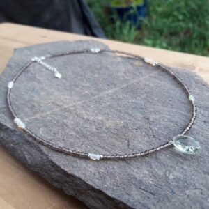 Collier Quartz fumé, Opale Welo, Prasiolite et perles Argent 925