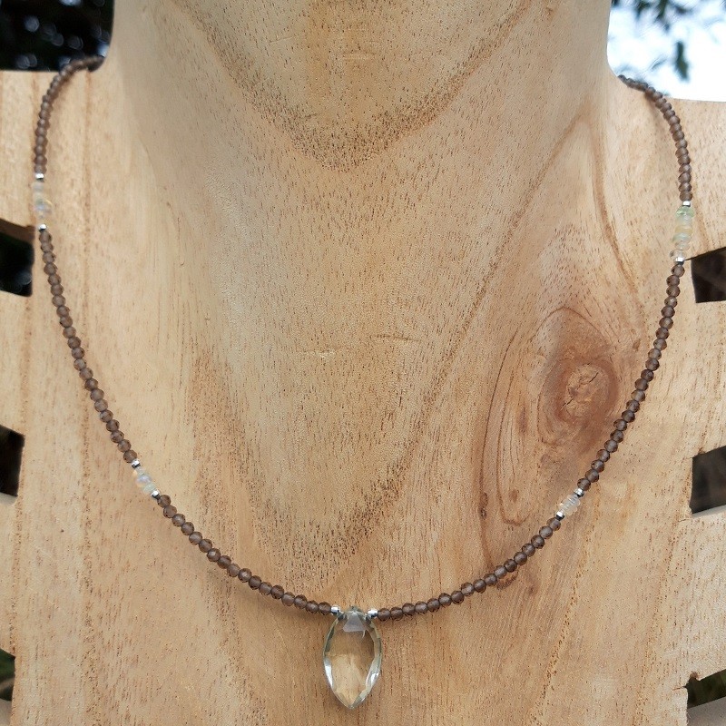 357 f93 Collier Quartz fume Opale Welo Prasiolite et perles Argent 925