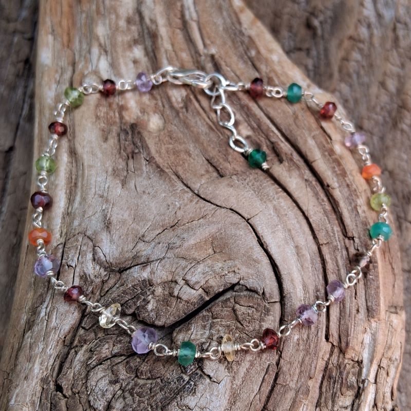 Bracelet multipierres grenat, Cornaline, péridot, citrine, améthyste, agate verte, quartz fumé en Argent 925