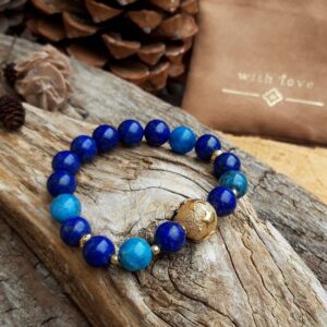 476 7e5 Bracelet Lapis lazuli et Apatite bleue avec une perle en Vermeil