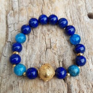 477 544 Bracelet Lapis lazuli et Apatite bleue avec une perle en Vermeil