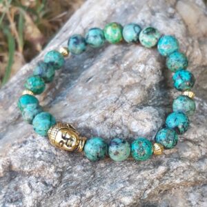 596 6dc Bracelet Turquoise Africaine avec perle Bouddha doree