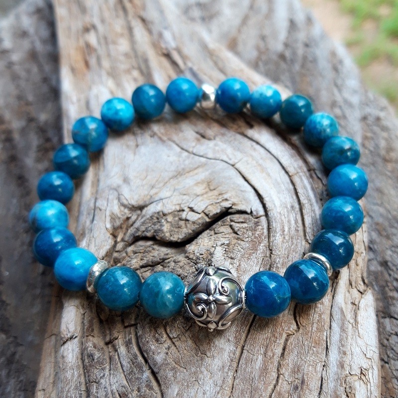 Bracelet Apatite bleue et perle de Bali en Argent 925