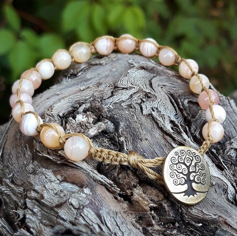 522 8c4 Bracelet en Agate du Bostwana orange en macrame bouton arbre de vie