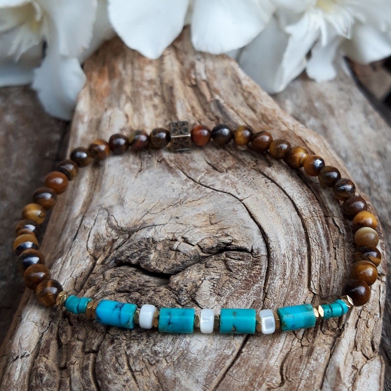 451 bdb Bracelet OEil de tigre Turquoise et Nacre blanche