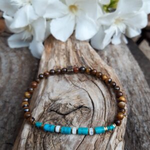 Bracelet Œil de tigre, Turquoise et Nacre blanche