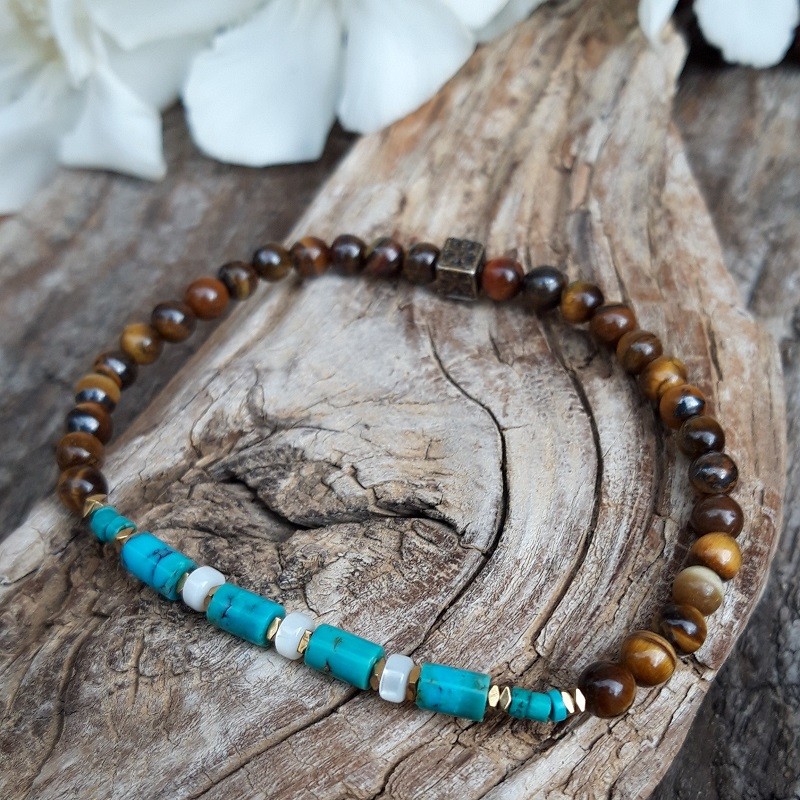 450 97a Bracelet OEil de tigre Turquoise et Nacre blanche