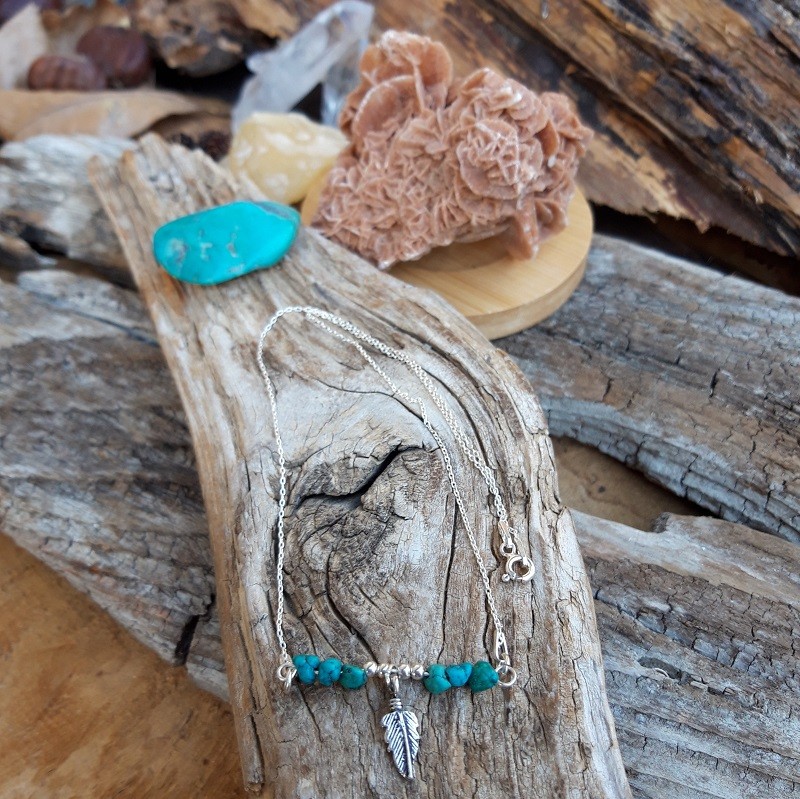 Collier en Turquoise et petite plume en Argent 925