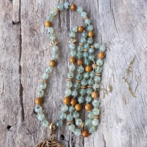 500 cdd Sautoir en Prehnite Bois fossile avec pendentif feuille dore