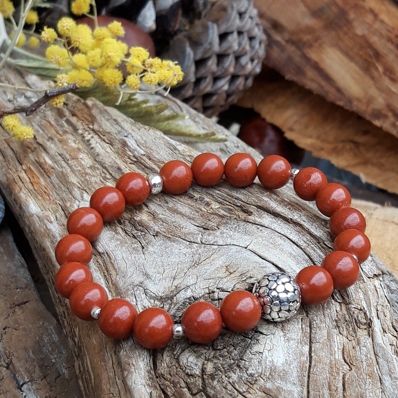 655 e21 Bracelet Jaspe rouge avec perles en Argent 925