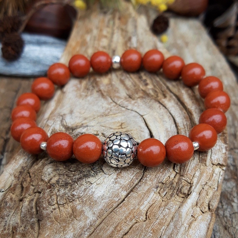 656 9c3 Bracelet Jaspe rouge avec perles en Argent 925